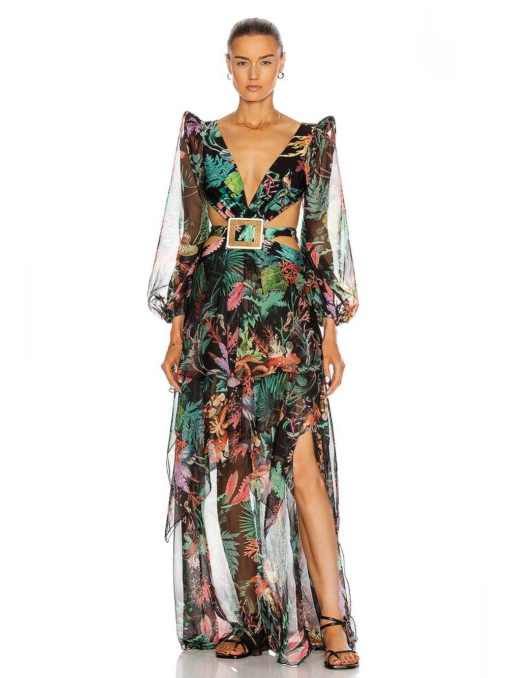 PatBO Black Sheer Maxi Dress with Multicolor Tropical Print Size 8